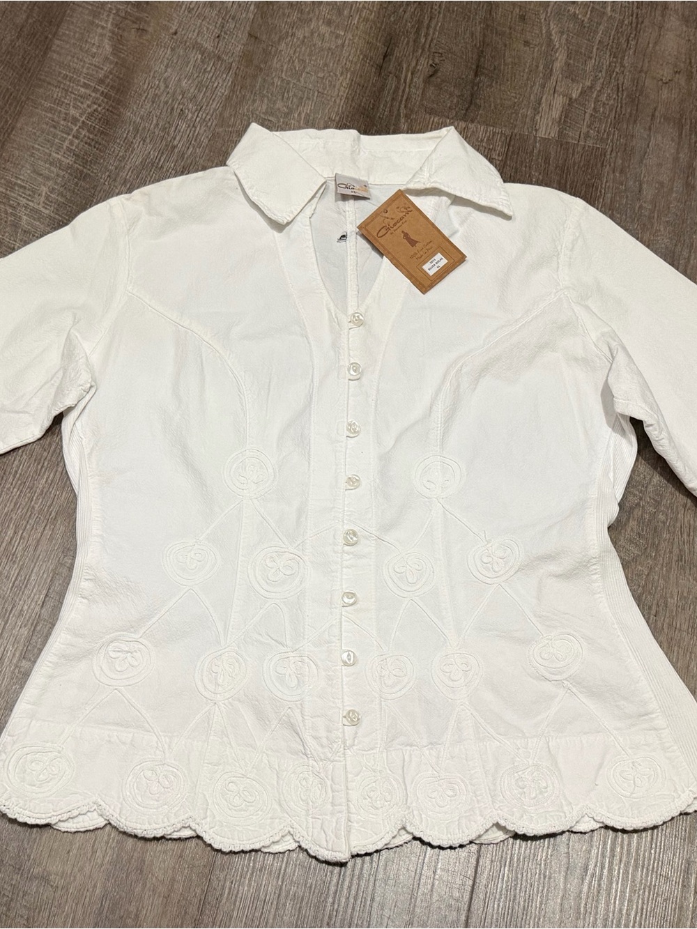 Women's White Embroidered Button-Down Shirt - Feminine Collared Top